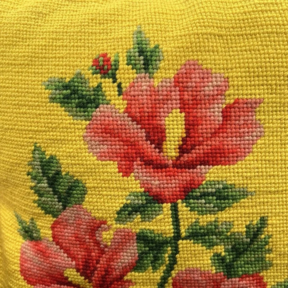 VTG Floral Tapestry Pillow Yellow w/ Bright flowers Needlepoint 15x15 Velvet Bck